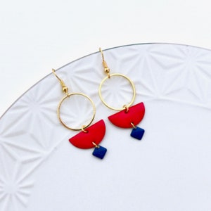 Red and Navy Blue Gold Earrings, Gold Circle Earrings and Red and Dark Blue Enamel, Christmas Gift Earrings for Girls and Women