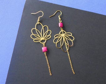 Rose gold asymmetric earrings, large and long mismatched earrings with a gold flower and raspberry enamel, gift for women