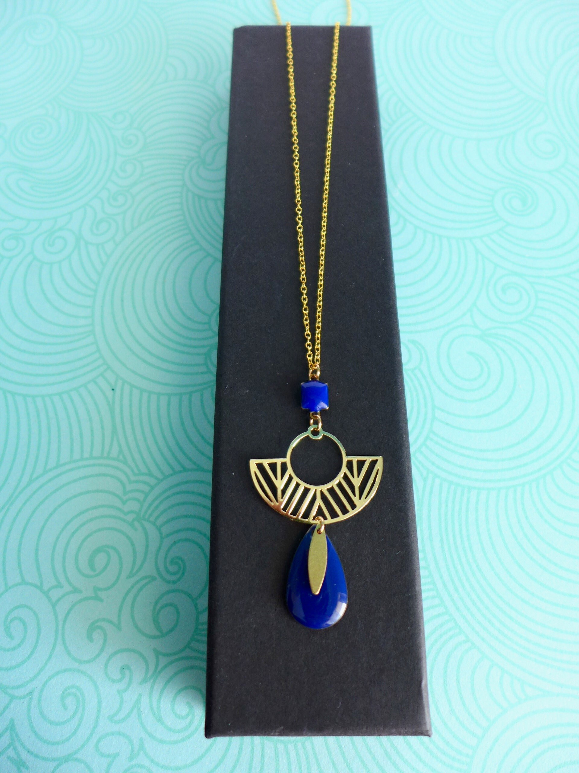 Collier Long Sautoir Pendentif Doré Homme - Émail Vert Bleu Style Art Nouveau - Neuf