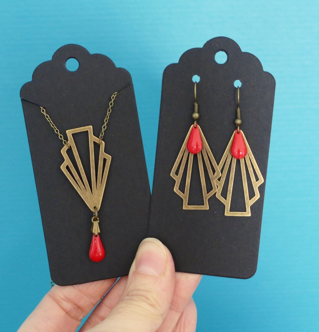 Art Deco Jewelry Set, Bronze and Red Enamel Graphic Fan, Jewelry Gift