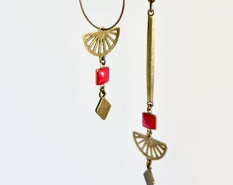 Red asymmetrical earrings, red bronze graphic mismatched earrings, creole and long red buckle, gift for her