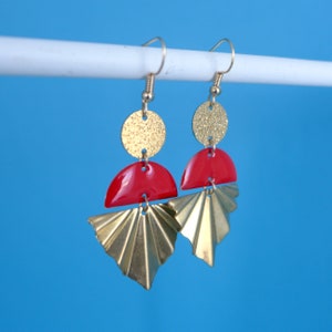Boho Chic red and gold earrings, half moon and pleated fan earrings in gold and red enamel, women&#39;s gift