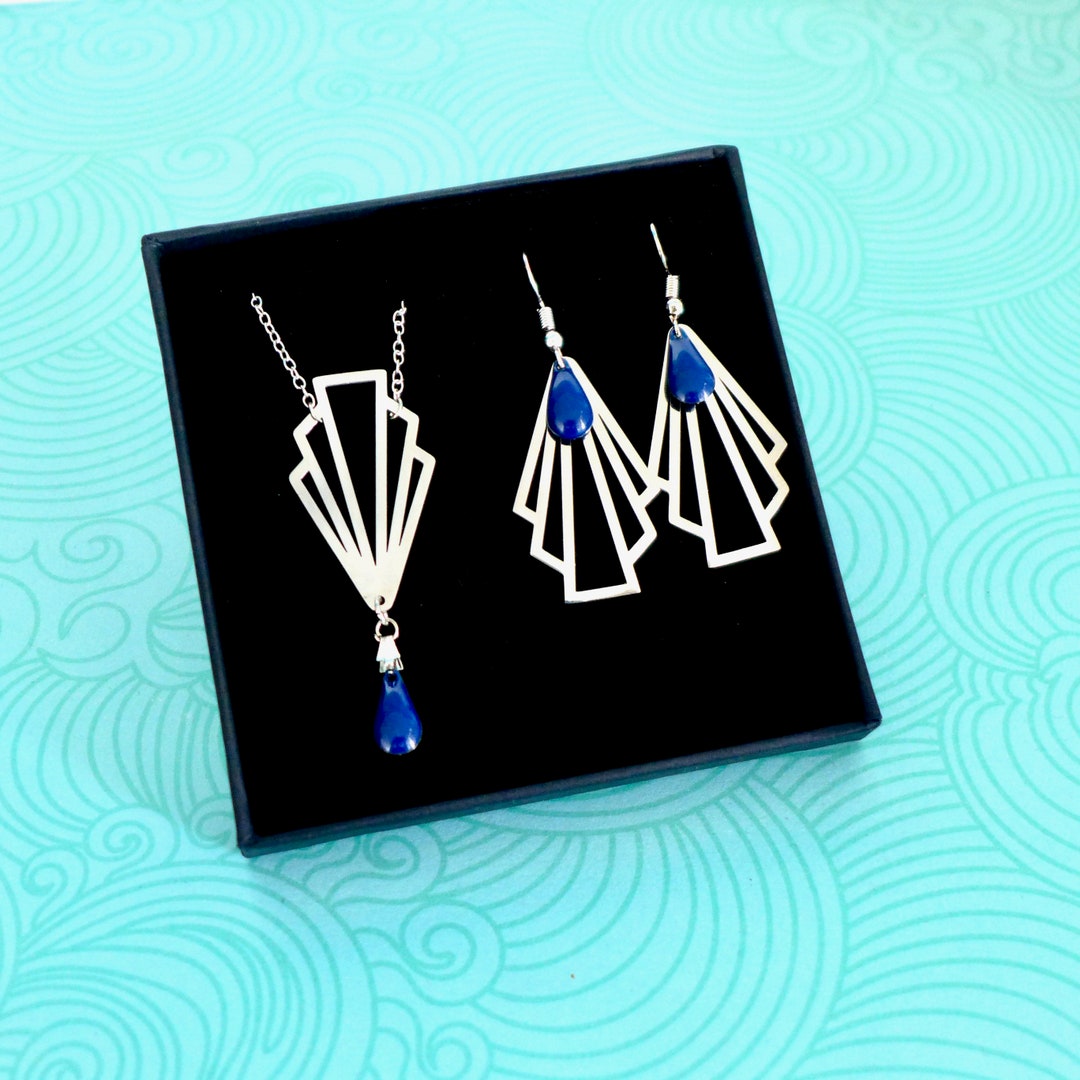 Navy Blue Art Deco Fan Jewelry Set Silver Stainless Steel Etsy