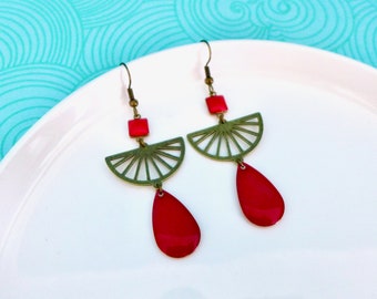 Art Deco graphic fan earrings Bronze and red, Red drop fan earrings, elegant geometric summer earrings