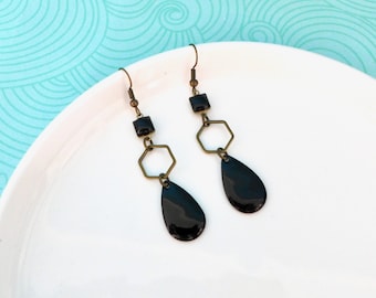 Black or navy blue drop earrings, black or blue enamel hexagon bronze earrings, chic graphic earrings