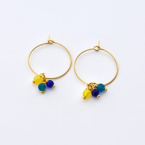 Gold hoop earrings with 3 small colored beads, cute earrings for summer, gift for women, teacher, simple, cheerful, lightweight jewelry