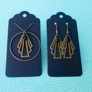Art Deco jewelry set with a graphic bronze and black fan, black necklace and earrings set, Mother&#39;s Day jewelry gift box