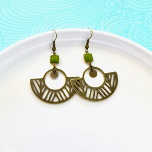 Khaki green Art Deco graphic earrings, olive green geometric earrings, bronze enamel earrings