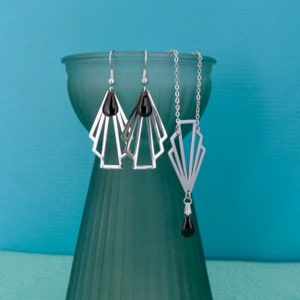 Art Deco necklace and earrings jewelry set, silver stainless steel graphic fan jewelry set, jewelry gift box
