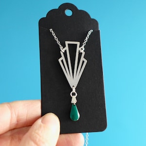 Art Deco necklace with graphic fan pendant in silver stainless steel, Elegant geometric necklace in blue or green, Women&#39;s Christmas jewelry gift