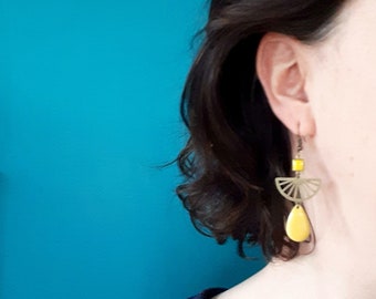 Art Deco graphic fan earrings Bronze and yellow, Bright yellow drop fan earrings, elegant geometric earrings