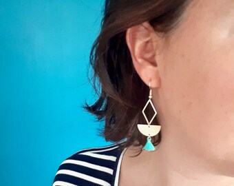 Gold tassel earrings in turquoise, graphic gold diamond earrings, boho chic earrings in gold and turquoise