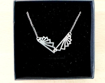 Art Deco silver origami graphic fan necklace, silver geometric pendant necklace, short graphic fan necklace, Christmas gift
