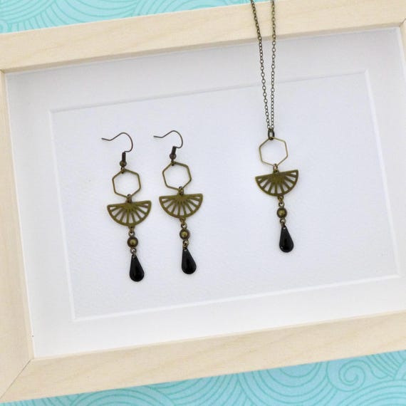 Parure De Bijoux Artiste Années 70 - Collier + Boucles D'Oreilles En Bronze Doré Avec Améthyste