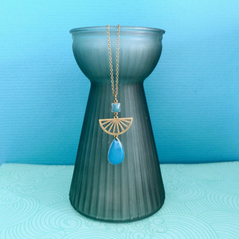 elegant boho chic bronze and duck blue long necklace, long petroleum blue graphic drop long necklace, dark turquoise colorful summer long necklace image 3
