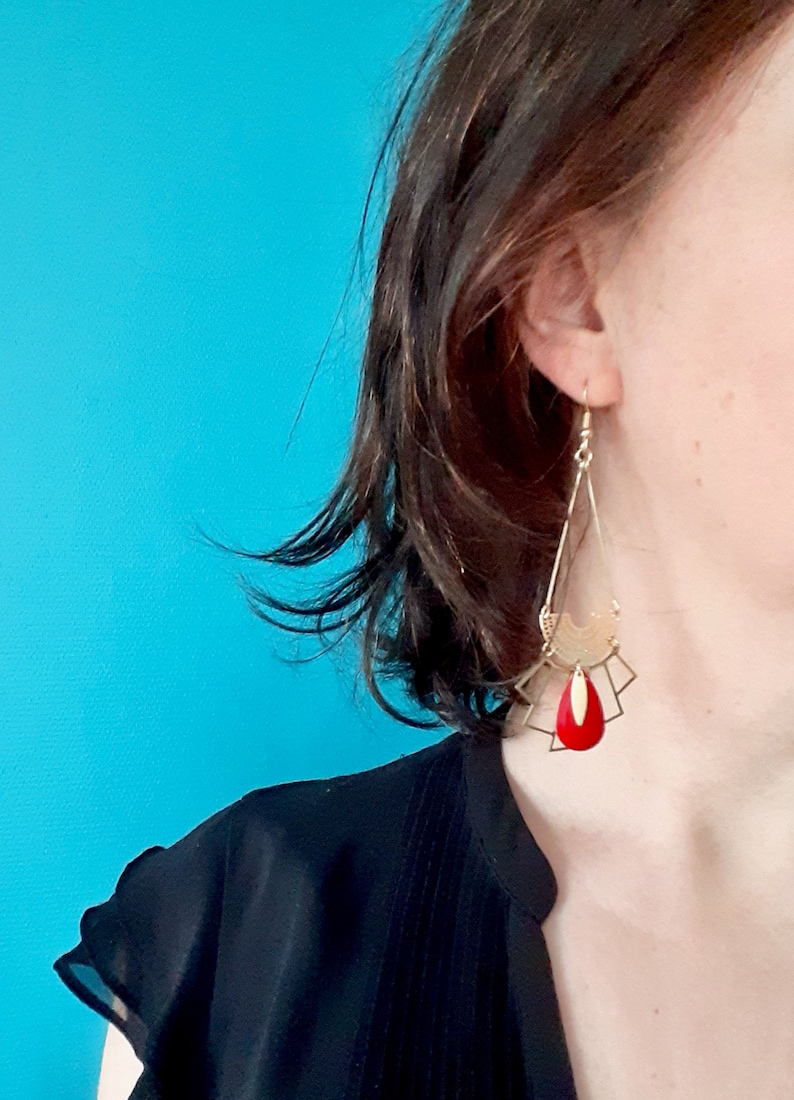 Boucles D'oreilles Pendantes Goutte - Doré Et Rouge Orangé, Perle Tissu, Fabrication France