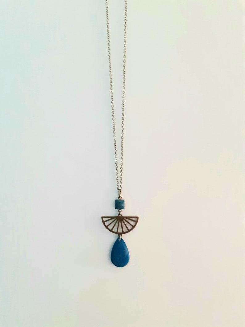 elegant boho chic bronze and duck blue long necklace, long petroleum blue graphic drop long necklace, dark turquoise colorful summer long necklace image 4