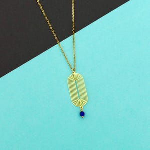 Art Deco graphic necklace with dark blue pearl gold, fine geometric oval pendant necklace with blue gold, minimalist necklace, women&#39;s gift
