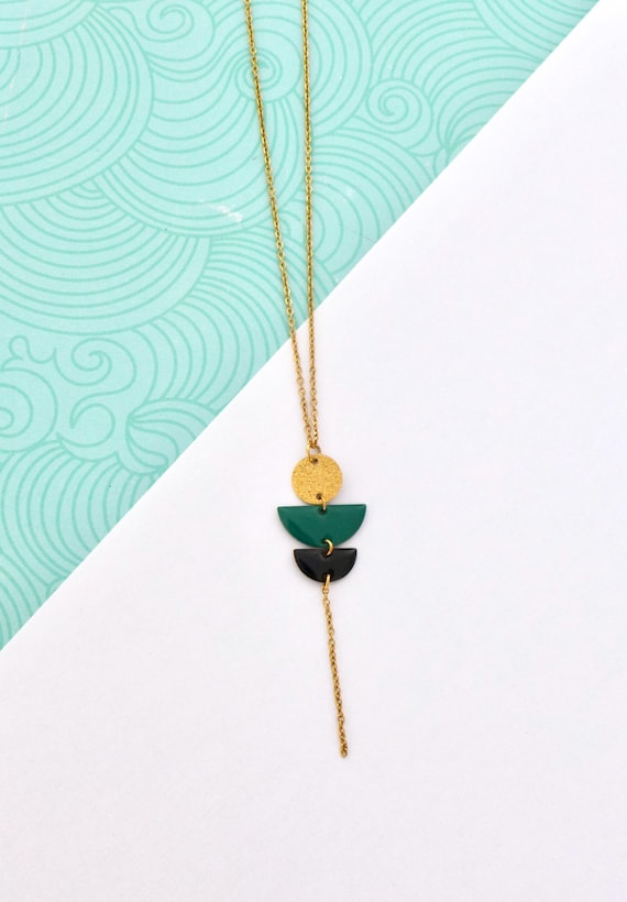 Short Gold and Green Enamel Necklace, Elegant Black and  display picture 1