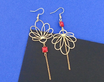 Asymmetrical gold and red earrings, large and long mismatched flower earrings in gold and red, original gift for women