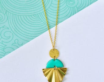 Collier Long Sautoir Pendentif Doré Homme - Émail Vert Bleu Style Art Nouveau - Neuf