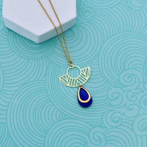 Art Deco Jungle graphic gold and blue enamel sautoir necklace, long gold and royal blue chest necklace, dark blue geometric sautoir necklace, women&#39;s gift