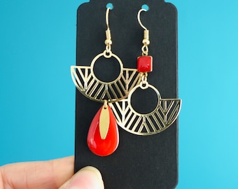 Graphic red and gold asymmetrical earrings, mismatched art deco earrings, an original gift for her