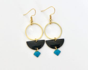 Gold hoop earrings with black and blue enamel, gold half-moon circle earrings with black and turquoise accents, colorful gift for women