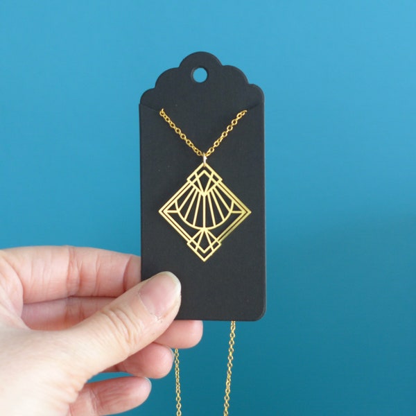 Delicate Art Deco gold graphic pendant necklace, geometric square filigree print necklace, elegant women's necklace, Christmas gift for women