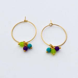 Gold hoop earrings with 3 small colored beads, cute earrings for summer, gift for women, teacher, simple, cheerful, lightweight jewelry