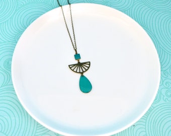 elegant boho chic bronze and turquoise long necklace, long turquoise blue graphic drop long necklace, colorful blue spring summer pendant