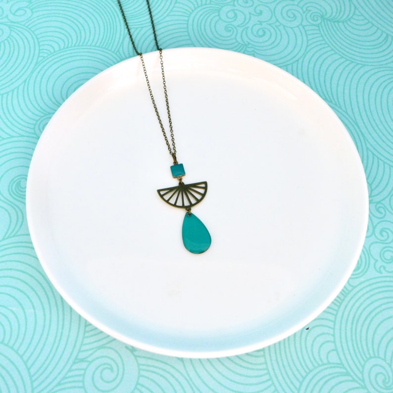 elegant boho chic bronze and turquoise long necklace, long turquoise blue graphic drop long necklace, colorful blue spring summer pendant image 1