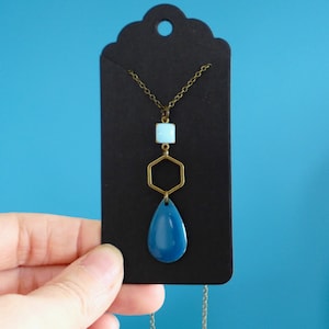 Art Deco graphic necklace in duck blue and light blue, fine necklace with two-tone blue hexagon pendant, blue monochrome necklace, Christmas gift for women