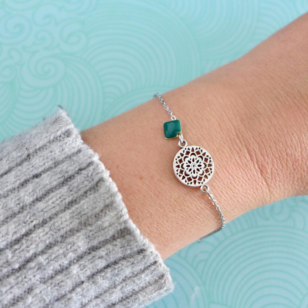 Silver Rosette Bracelet With Green Enamel, Elegant Green Graphic Thin