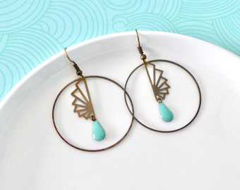 Turquoise green Art Deco hoop earrings, turquoise geometric earrings, turquoise bronze origami fan hoop earrings