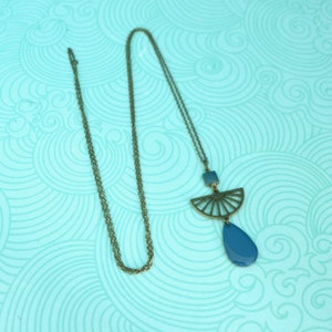 elegant boho chic bronze and duck blue long necklace, long petroleum blue graphic drop long necklace, dark turquoise colorful summer long necklace image 2