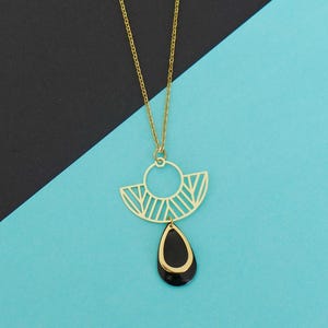 Art Deco graphic gold and black sautoir necklace, long black enamel jungle pendant necklace, women&#39;s gift, elegant black and gold jewelry
