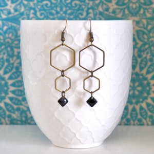 Art Deco graphic earrings, bronze hexagon and black enamel sequin, modern geometric jewelry, black jewelry, Christmas gift for her