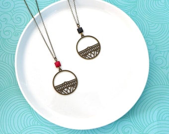 Round black or red enamel graphic bronze necklace, red art deco pendant, short black or red geometric necklace, Mother's Day gift,