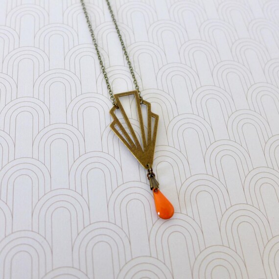 Art Deco Necklace With Graphic Fan Pendant in Bronze Brass and