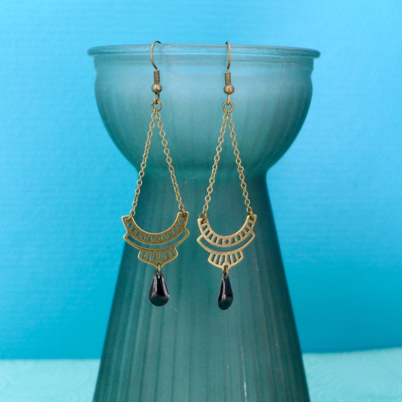 Bronze and black graphic Art Deco earrings, black bronze Inca ethnic earrings, elegant bronze brass earrings image 5