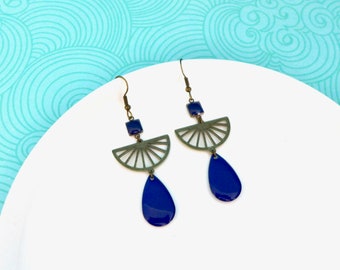 Art Deco graphic fan earrings Bronze and blue, Dark blue drop fan earrings, geometric summer earrings