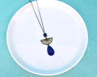 elegant boho chic bronze and dark blue long necklace, long navy blue graphic drop long necklace, colorful spring summer art deco long necklace