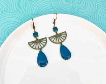 Art Deco graphic fan earrings Bronze and duck blue, Petrol blue drop fan earrings, geometric earrings