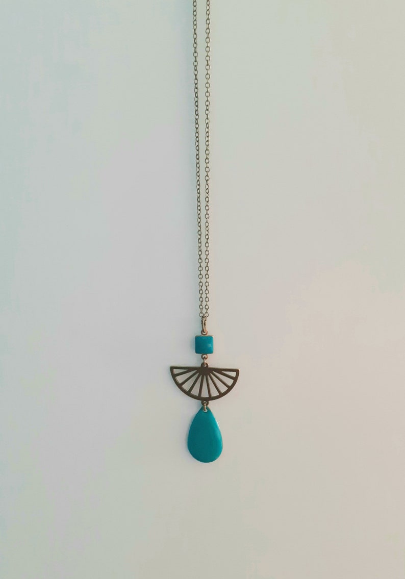 elegant boho chic bronze and turquoise long necklace, long turquoise blue graphic drop long necklace, colorful blue spring summer pendant image 3