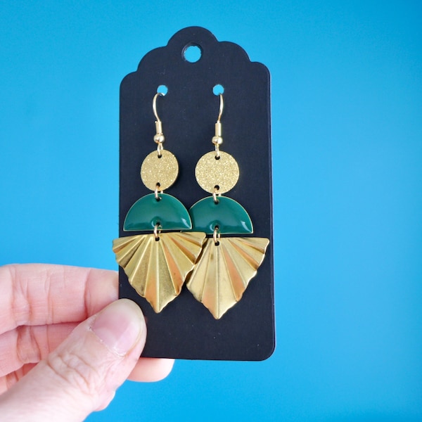 Boho Chic gold and green earrings, Art Deco pine green earrings and pleated fan, fancy glitter party earrings