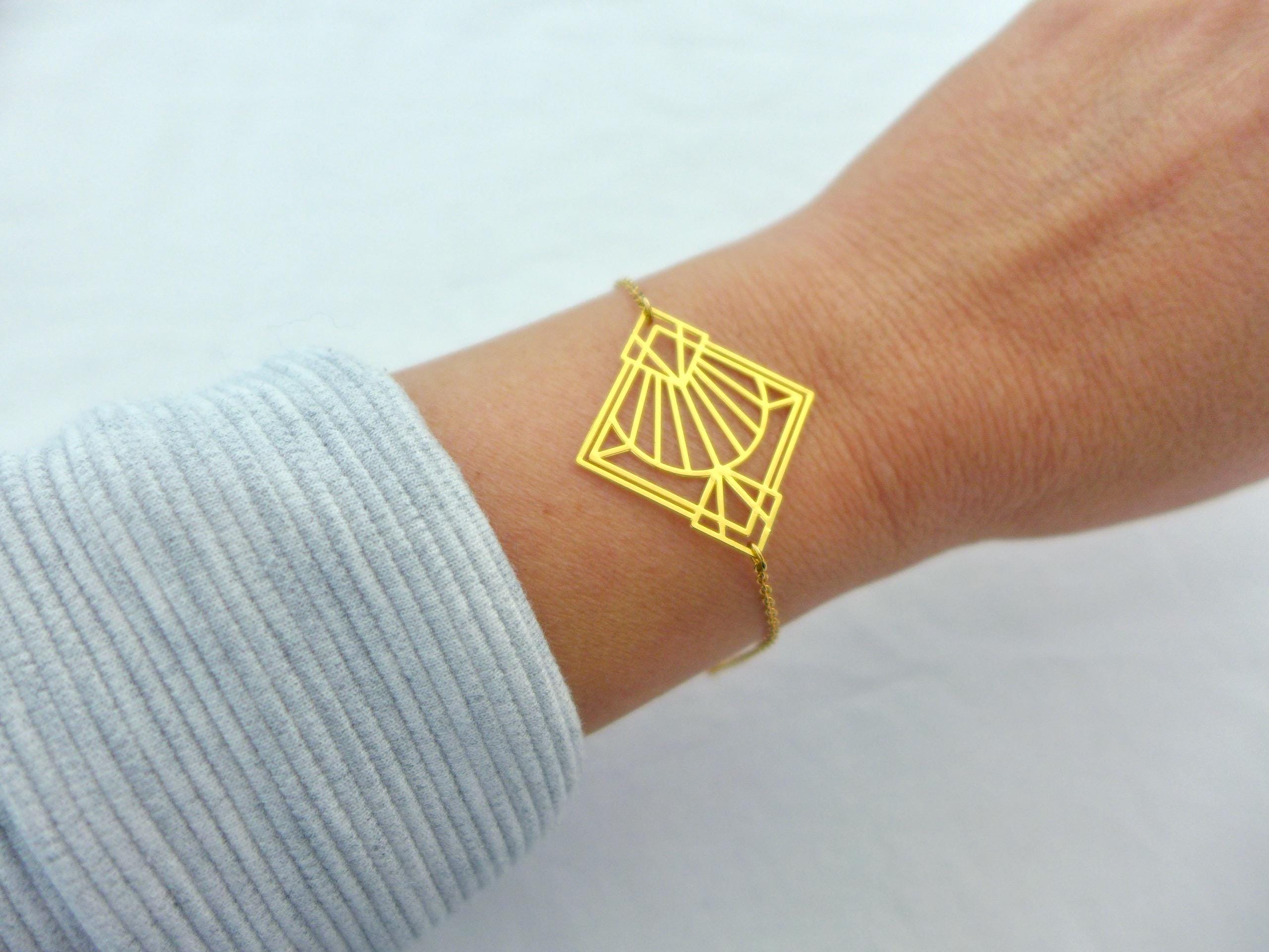 Gold Art Deco Graphic Bracelet, Geometric 1920s Bracelet, Elegant
