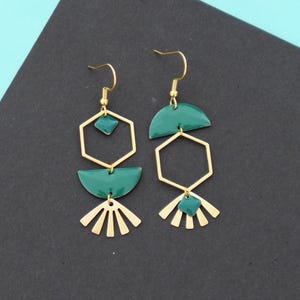 Gold and green asymmetrical graphic earrings, green hexagon and sun geometric mismatched earrings, gift for her