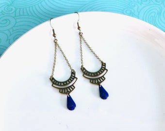 navy blue art deco earrings, long bronze and blue graphic earrings, dark blue women's earrings, gift for her