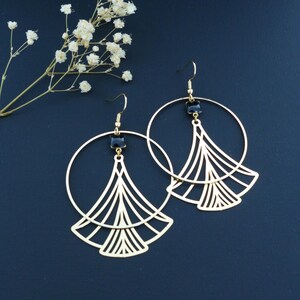 Orecchini grafici ispirati all'Art Déco in oro e nero, grandi cerchi geometrici neri e oro, regalo per donna